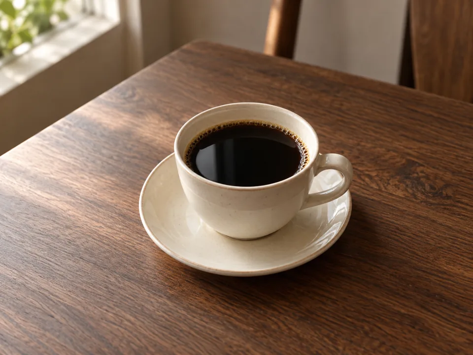 白い陶器のカップに注いだブラックコーヒー