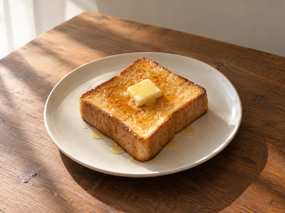 白い皿に盛り付けた、バターとはちみつの厚切りトースト